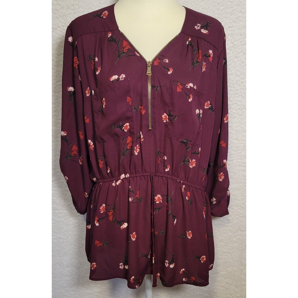 J for Justify Womens Blouse Plus Size 2X Floral 3/4 Sleeve Burgandy 1/2 Zip 1683